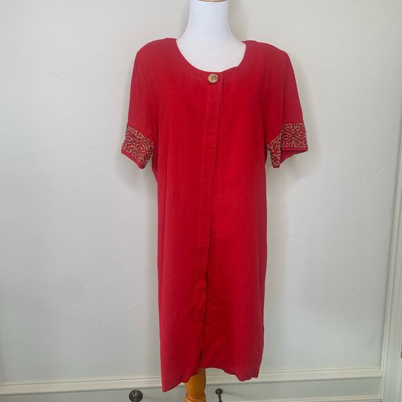 Carole Little Red Dress Jacket Flax Rayon Tencel Sz 14 Beaded Sleeves - Picture 1 of 10